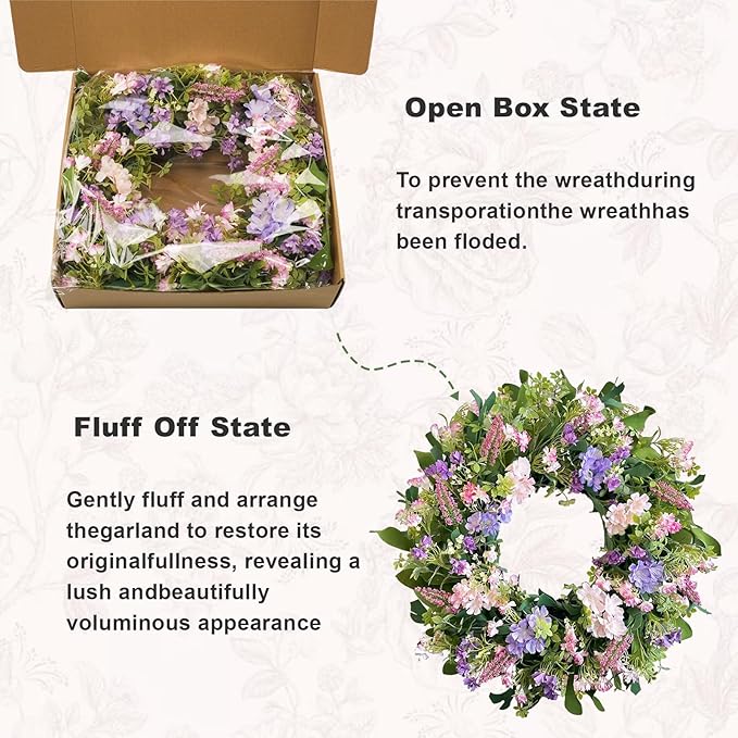 24 Inch Spring Summer Wreaths for Front Door, Purple Pink Hydrangea Wreath with Wildflowers Purple Forsythia, Artificial Silk Floral Wreath Farmhouse Rustic Decor for Outdoor Wall Window Home