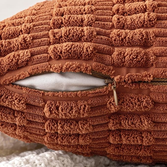 MIULEE Pack of 2 Dark Rust Corduroy Decorative Pillow Covers 20x20 Inch Soft Boho Striped Throw Pillow Covers Modern Farmhouse Home Decor for Summer Sofa Living Room Couch Bed