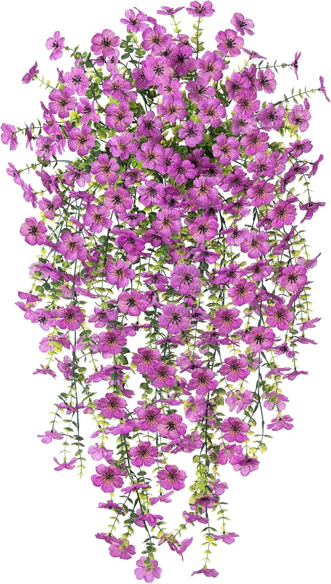Artificial Hanging Flowers for Outdoors Fake Plants Decoration, 2 Packs Faux Silk Daisy Flower Realistic Outdoor Flowers UV Resistant Porch Patio Window Yard Indoor Spring Decor(Purple)
