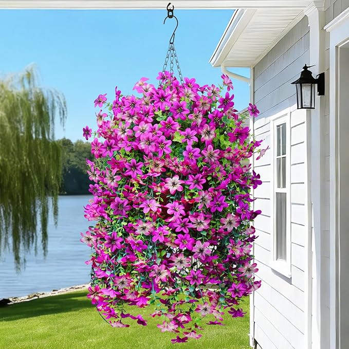 INQCMY Artificial Hanging Flowers Decoration, 4pcs Fake Floral Basket Plants for Outdoor Porch, Faux Shrubs Home Spring Decor UV Resistant Potted Violets for Outside Garden No Fade