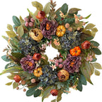 WANNA-CUL 24 Inch Spring Fall Wreaths for Front Door with Blue Hydrangea, Fall Wreath with Purple,Orange Peony-Fall Decoration for Home-Fall Decor Door Wreath for Valentines Day Mothers Day Autumn