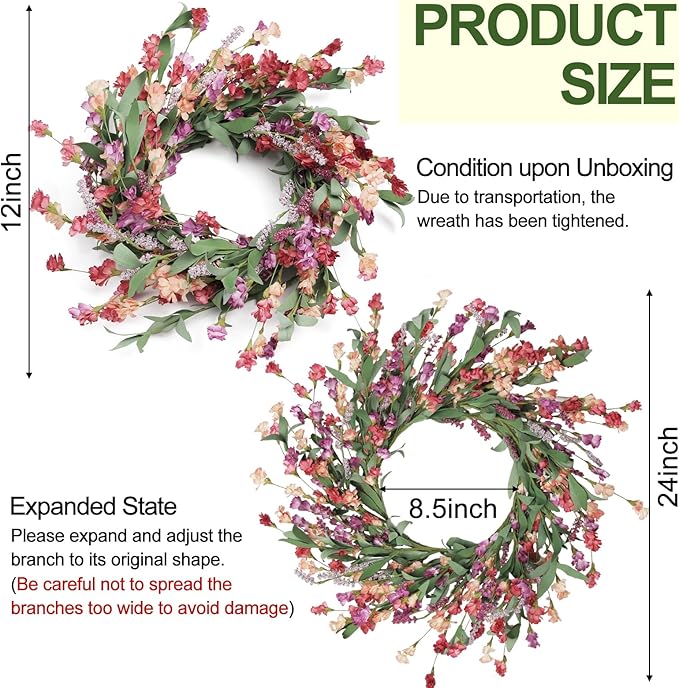 Artgar Front Door Wreath 24 Inch Spring/Summer Wreaths for Front Door, Front Door Wreaths for All Seasons for Indoor Outdoor Home Office Wall Window Wedding Farmhouse Decor (Red&Orange&Purple)