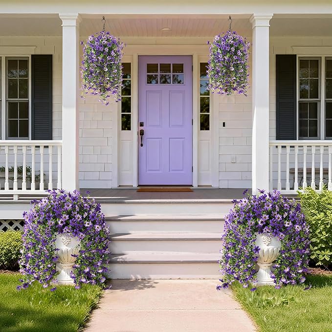 Artificial Hanging Flowers for Outdoors, 2 Pcs Fake Hanging Flowers Spring Summer Decor, UV Resistant Faux Artificial Outdoor Plants for Planter Front Door Porch Patio Garden Yard(Gradient Purple)