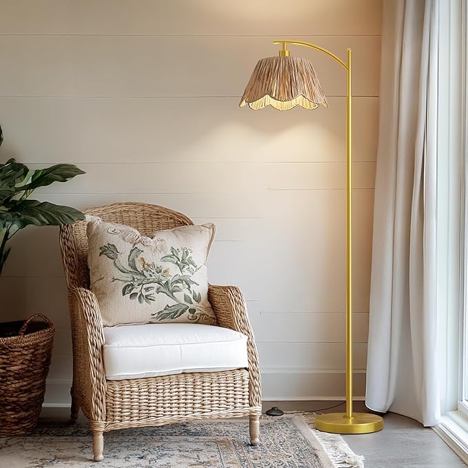 Oneach Arc Floor Lamp for Living Room with 3 Color Temperatures, Rattan Boho Floor Lamp with Hand-Woven Wicker Shade,Farmhouse Floor Lamps with Remote & Dimmable Bulb, Suitable for Bedroom（Gold）
