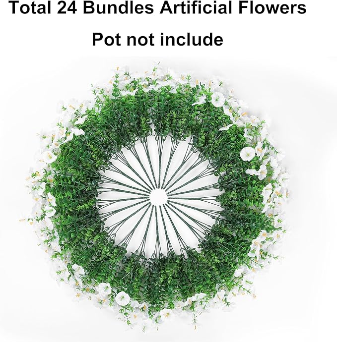 Ivydale 24 Bundles Artificial Flowers for Outdoors Spring Outside Decoration, Faux Silk Petunias White Fake Flowers Bluk Realistic UV Resistant Plants for Outdoor Planters Porch Patio Garden Yard Home