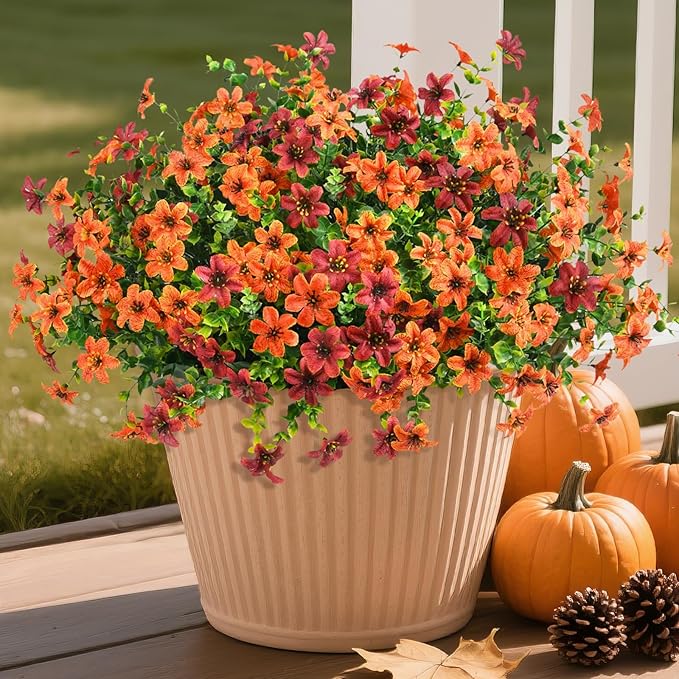 Artificial Flowers for Outdoors 12 Bundles Realistic Faux Silk Flower with Eucalyptus Stem, Fake Plants UV Resistant No Fade for Outside Planter Porch Patio Yard Window Garden Spring Summer Decoration