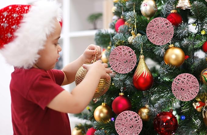Christmas Traditions 4 inch Pink Glittered Rattan Ball Ornaments Hanging Tree Decorations (Set of 6) (Pink)