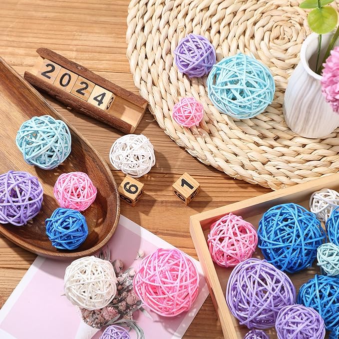 Patelai 36 Pcs Wicker Rattan Balls Decorative Balls for Vase Centerpiece Bowls Orbs Filler for Home Decor,4 Sizes(White, Pink, Green, Grey, Blue,2.4'',2'',1.6'',1.2'')