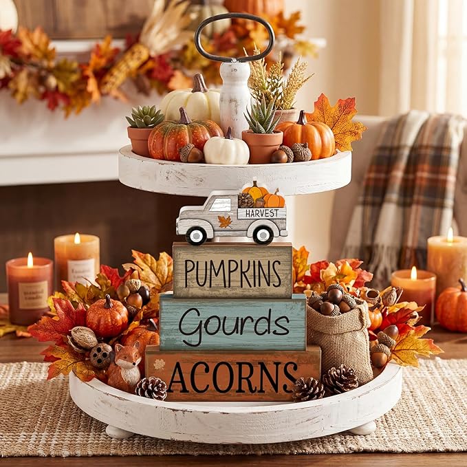 Lineshading 4 Pcs Fall Decoration for Home Fall Truck Decor Thanksgiving Tiered Tray Decor Thanksgiving Centerpiece Decorative Pumpkin Truck Block Signs Gift Farmhouse Autumn Table Decoration for Home