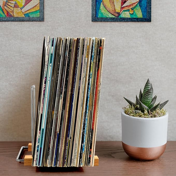 40 LP Vinyl Record Storage Solid Cherry Wood Record Holder Vinyl Record Holder Record Display For Albums Vinyl Holder & Vinyl Stand (Stainless Steel)