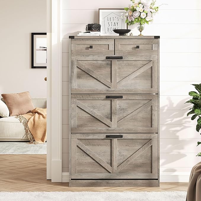 Shoe Cabinet with 3 Flip Drawers & 2 Drawers,Freestanding Shoe Storage Cabinet for Entryway,Farmhouse Narrow Slim Organizer Rack for Foyer,Hallway,Grey