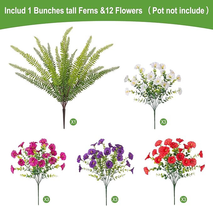 Artificial Flowers for Outdoors Faux Plants Outside Indoor,UV Resistant Silk Fake Petunia Tall Ferns for Home Patio Garden Back Yard Front Poch Decor Spring Summer(13 Bunchs,4 Multi Colors)