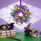6 PCS Mardi Gras Purple and Green Glitter Mini Cabinet Wreaths for Front Door Carnival Party Decor Wreath Mardi Gras Hanging Garlands Candle Rings for Front Door Home Window Chair Wall Indoor Outdoor