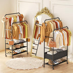 Furologee Clothing Racks for Hanging Clothes, Portable Rolling Garment Rack, Sturdy Metal Freestanding Clothes Rack with Wheels, Double Rods Wardrobe Racks for Bedroom Laundry Living Room