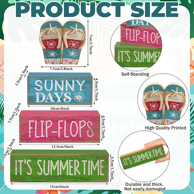 Lineshading 4 Pcs Summer Table Decorations Wooden Flip-flop Stacked Block Decor, "Sunny Days It's Summertime" Signs with Beach Sandal Topper, Rustic Coastal Tiered Tray Decoration for Home Coffee Bar