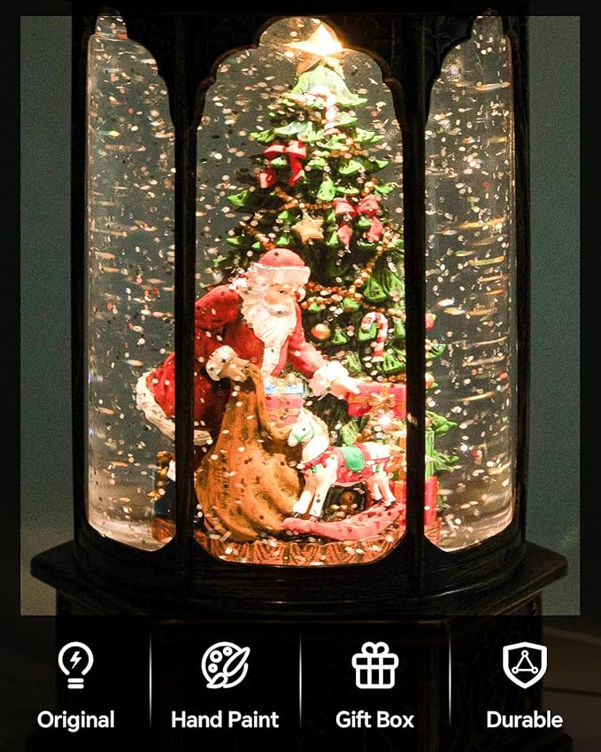 Large Musical Santa Christmas Tree Snow Globe - Lighted Christmas Snow Globes with Swirling Glitter, LED Lights, 8 Holiday Songs, 6-Hour Timer, USB or Battery Powered, Xmas Holiday Decoration Gift