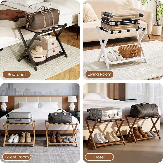 Fully Assembled Black Luggage Rack for Guest Room, Bamboo Foldable Suitcase Stand with 5 Nylon Straps, Upgraded Luggage Rack Holder with Shelf for Bedroom Hotel, Holds up to 165 Lbs, 1pcs