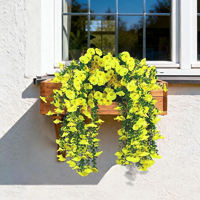 Artificial Hanging Flowers for Outdoors, 4 PCS UV Resistant Faux Plants Silk Realistic 150 Morning Glory Each Vines, Fake Plastic Floral for Garden Patio Spring Summer Decor, Yellow