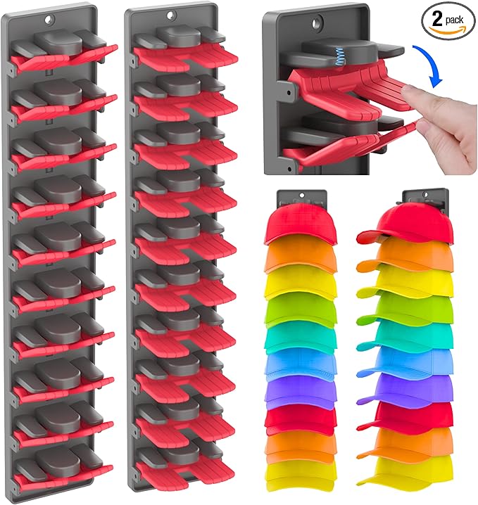 Hat Organizer for Baseball Caps 2 Packs with Built Spring Clips - Wall Mount Closet Hat Rack Holder, Storage for Wall Door/Closet Display Hat Racks Hanger (Install by Adhesive & Screws)