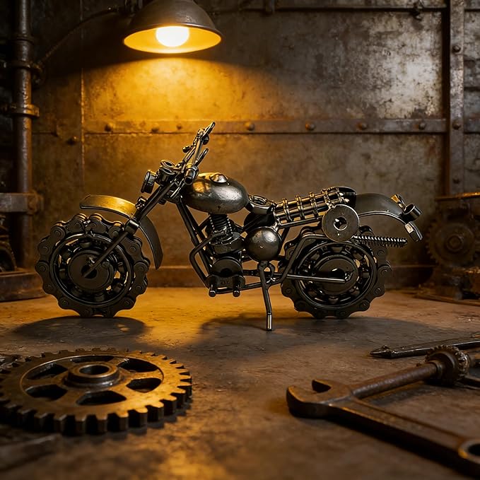 TRANSGOOD Handmade Motorcycle Model with Rolling Wheels, 9" Vintage Steampunk Bike Sculpture, Heavy-Duty Iron Desk Decor, Unique Biker Gift for Dad Husband, Industrial Man Cave Office Home Art (B03)