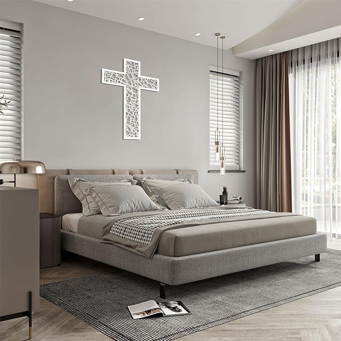 WORGO White Metal Cross Wall Decor Iron Christian Cross for Home Church, Hollow Out Artistic Hanging Ornament, Crosses Wall Decor for Living Room, Bedroom, Decorative Thankful Religious Gift 29.9x19.8 inch
