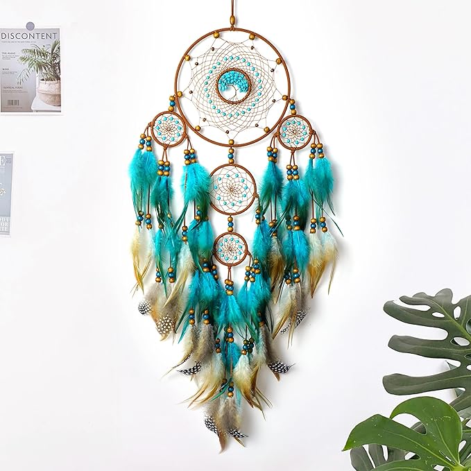 Large Dream Catchers, Boho Handmade Woven Turquoise Dream Catchers Wall Hanging for Bedroom Home Decor, Wedding Party Decor, Adults Boys Girls Festival Blessing Gift (Turquoise & Brown)