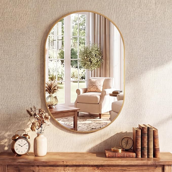 Sweetcrispy 24" x 36" Gold Bathroom Mirror for Wall, Oval Wall Mirrors with Metal Frame, Tempered Glass, Modern Vanity Mirror for Over Sink, Living Room, Bedroom, Entryway, Horizontal or Vertical