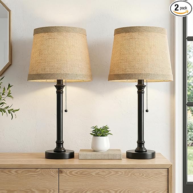Oneach 19.5” Table Lamps Set of 2, Pull Chain Switch Bedside Table Lamps, Farmhouse Nightstand Lamp with Unique Natural Shade, Small Lamp for Living Room, Bedroom, Home Office, Nursery