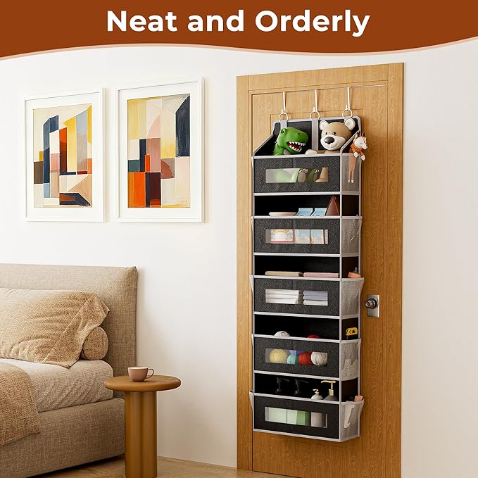 5-Tier Over The Door Storage Organizer with 10 Side Mesh Pockets, 48 lbs Load Capacity, 3 Hooks Design, Door Hanging Organizer with Clear Windows for Bathroom, Bedroom, Nursery, Kitchen-Black