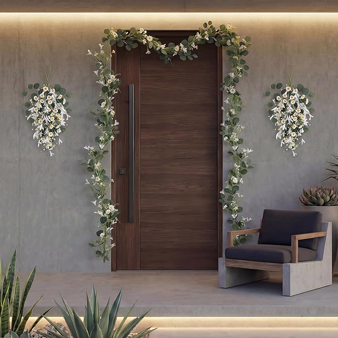 Pinkpum 20'' Eucalyptus Wreath 22'' Daisy Teardrop Swags Set 4 for Front Door Fireplace Hanging Porch Wall Home Window Kitchen Decor Farmhouse Garden Party Indoor Outdoor Summer Spring Fall