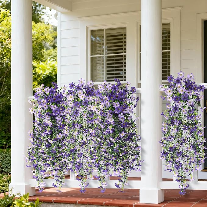 Artificial Fake Hanging Flowers Plants for Outdoor Spring Decoration,2 PCS Faux Silk Daisy with Eucalyptus Leaves,UV Resistant Look Real for Outside Home Indoor Planter Porch Patio Balcony Yard Decor