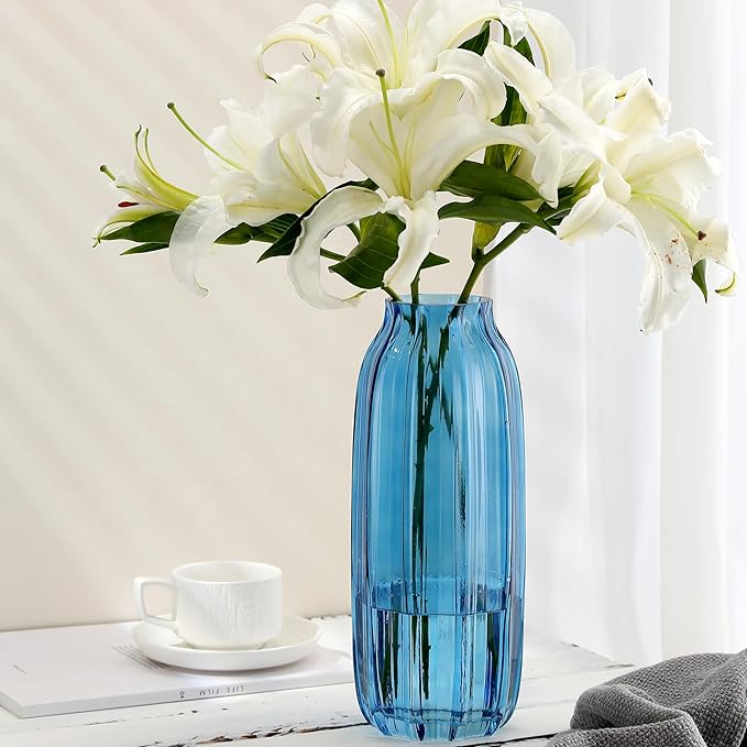 Blue Glass Vase for Flowers Bud Tall Glass Vases,H-12.0" Simple Striped Design for Home Floor Decor,Farmhouse Decor, Centerpiece Coffee Table Decorations (Blue 12.0IN)