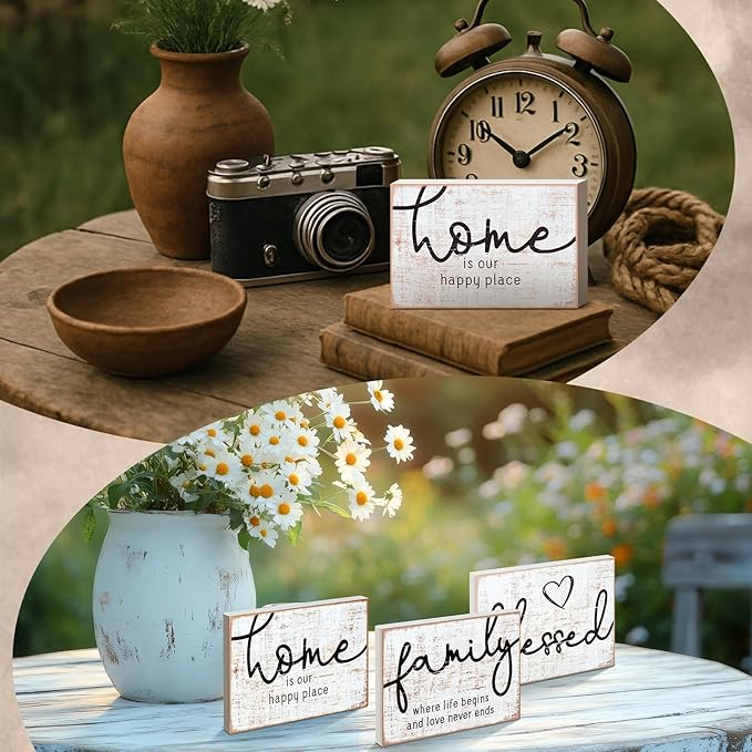Jetec 3 Pcs Wooden Family Sign Rustic Blessed Home Wall Art Mini Wood Wall Decor Farmhouse Table Shelves Decoration Sign for Bedroom Kitchen Living Room Table Decor (Retro Color,7 x5 x 0.59 in)