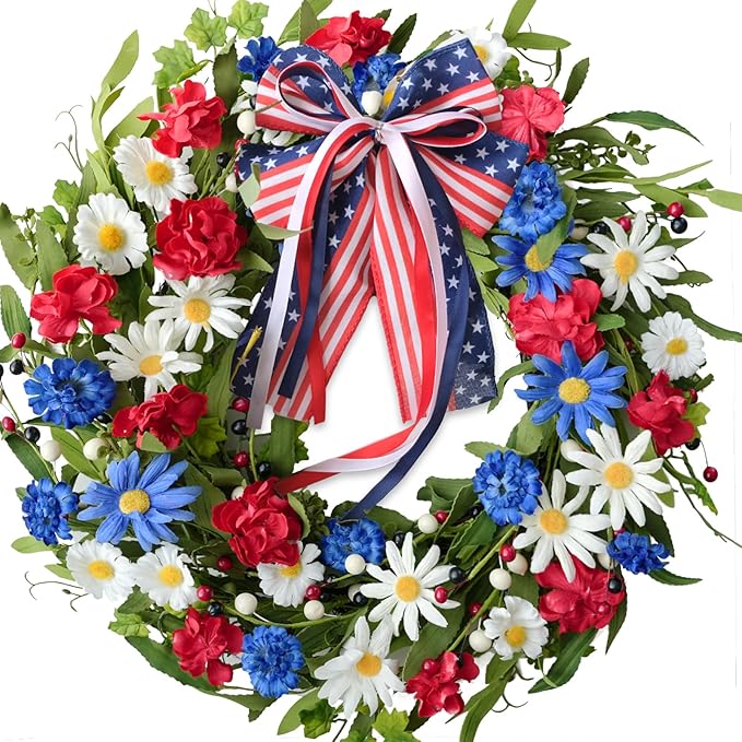 20inch Patriotic American Wreaths for Front Door,4th of July Independence Day Wreath Red White Blue Wreath for Window Door Decoration