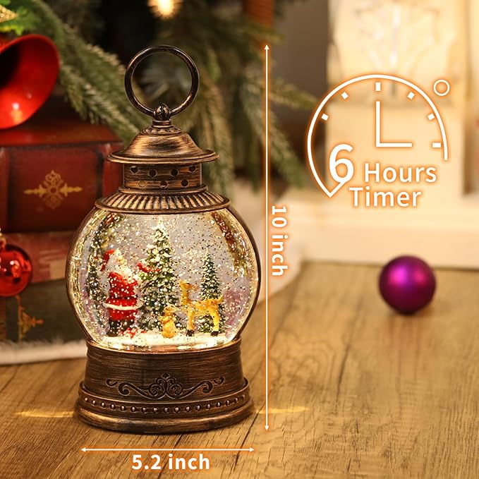 Christmas Snow Globes, Lighted Decorations Musical Snow Globes Lantern, Santa Christmas Decoration Indoor Home Décor & Gift, 6H Timer, USB/Battery Operated,