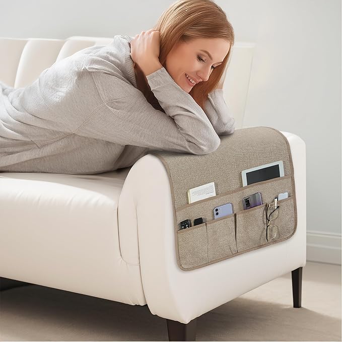Faux Linen Armchair Caddy for Couch Remote Control Holder Non-slip Sofa Armset Organizer Caddy Storage for Recliner Couch 6 Pocket for Magazine 35"x19.5" Linen 1 Piece