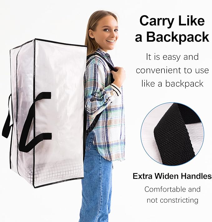 6 Pack Heavy Duty Large Moving Bags W/Backpack Straps - Strong Handles & Zippers, Storage Totes, Fold Flat, Alternative to Moving Box and Storage Bin, Semi-Transparent+Blue+Black