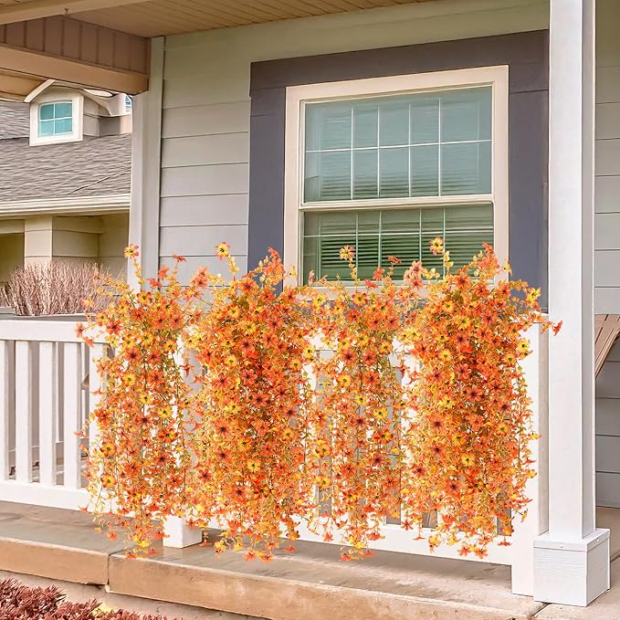 Artificial Fall Flowers for Decoration Fake Hanging Flowers Outdoors Fall Decor,2PCS Faux Mums Silk Flower UV Resistant No Fade for Autumn Outdoor Home Planter Porch Patio Yard Garden(Orange Golden)