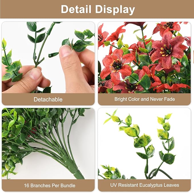 Artificial Hanging Flowers for Outdoors, 2 Pcs Fake Hanging Plant Spring Summer Decor, UV Resistant No Fade Realistic Faux Flower for Front Door Porch Planter Patio Garden Yard(Red Brown)