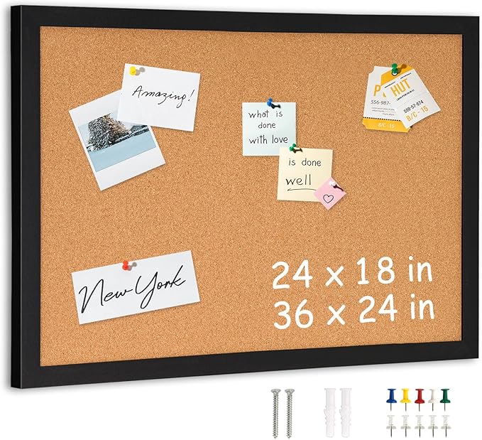DOLLAR BOSS Cork Board for Wall 24" x 18" Bulletin Board for Wall with Black Wood Frame, Picture Display Pin Broad Vision Board for Office Home School Room Decorative Hanging 10 Pushpins