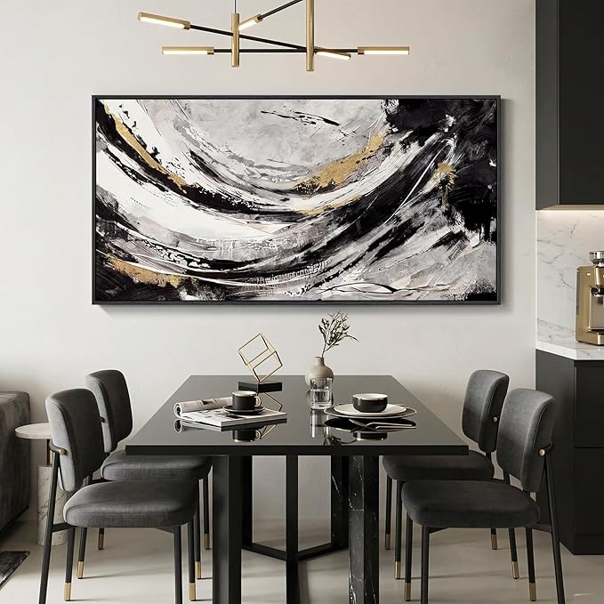 Large Framed Abstract Wall Art for Living Room, Horizontal Black Gold and White Canvas Painting Print Artwork for Walls, Modern Neutral Minimalist Pictures for Bedroom Office Wall Decor, 30x60 In