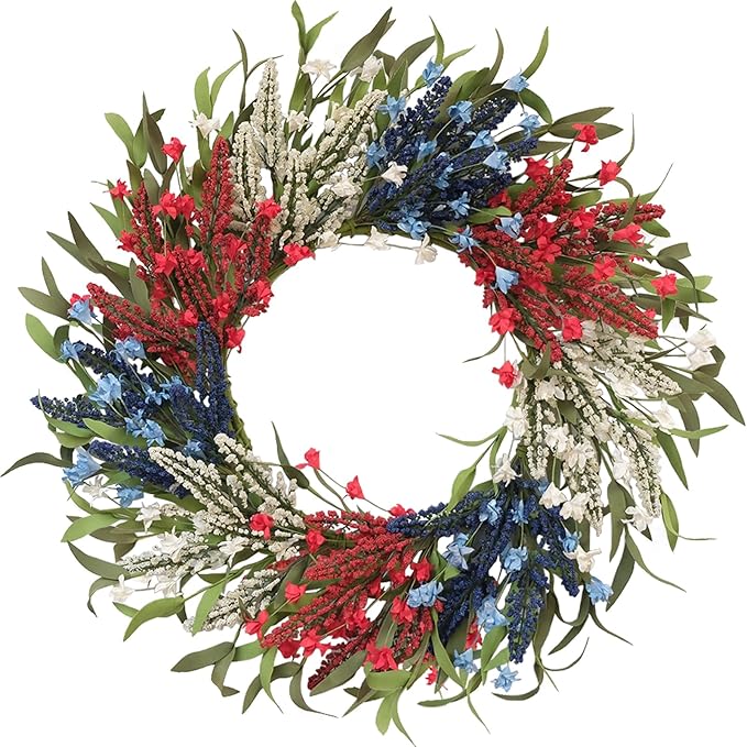 TEMPUS 24 Inch Artificial Wheat Wreath for Front Door, Handcrafted Red White Blue Patriotic Wreath with Willow Leaves, Americana Decor for Memorial Day, 4th of July, Independence Day, Summer Holiday