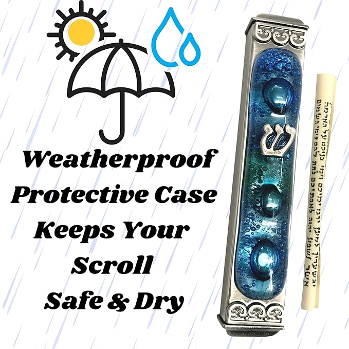 Tamara Baskin Art Glass Mediterranean Sea Mezuzah, Weatherproof Metal Case - Gift Box and Scroll Included - Handmade in the USA - Guaranteed for Life