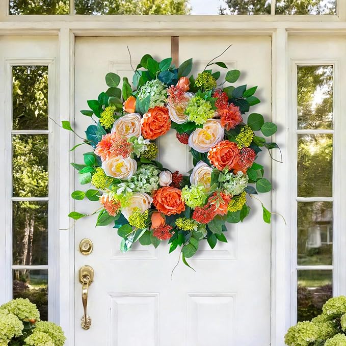 Spring Wreaths for Front Door Outside 24 Inch Luxury Summer Wreath with White Rose Flowers,Pink Dahlia & Green Hydrangeas,Lush Greenery Spring Front Door Wreath for Home,Wall,Porch Decor