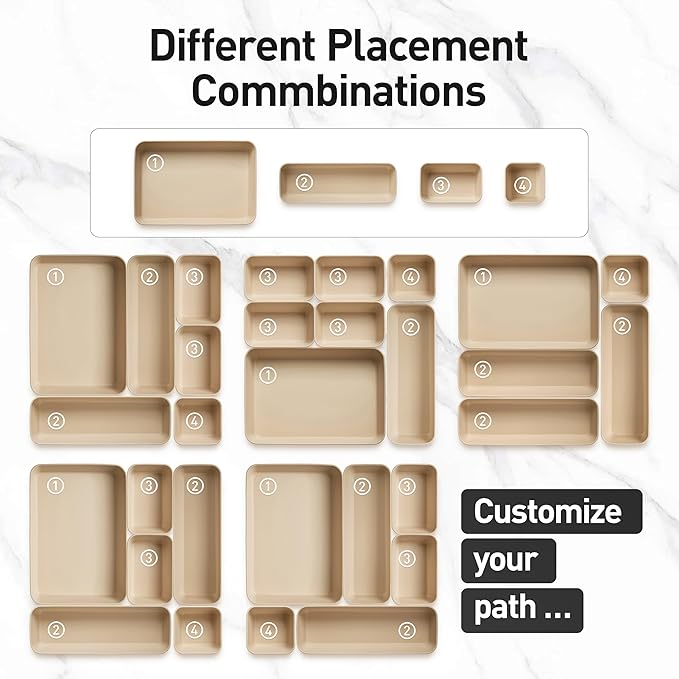 ISSEVE 8Pcs Nesting Silicone Drawer Organizer Trays, 4 Size Versatile Vanity Bathroom & Desk Drawer Organizer Set Storage Bins for Office,Kitchen,Nightstand,Beige