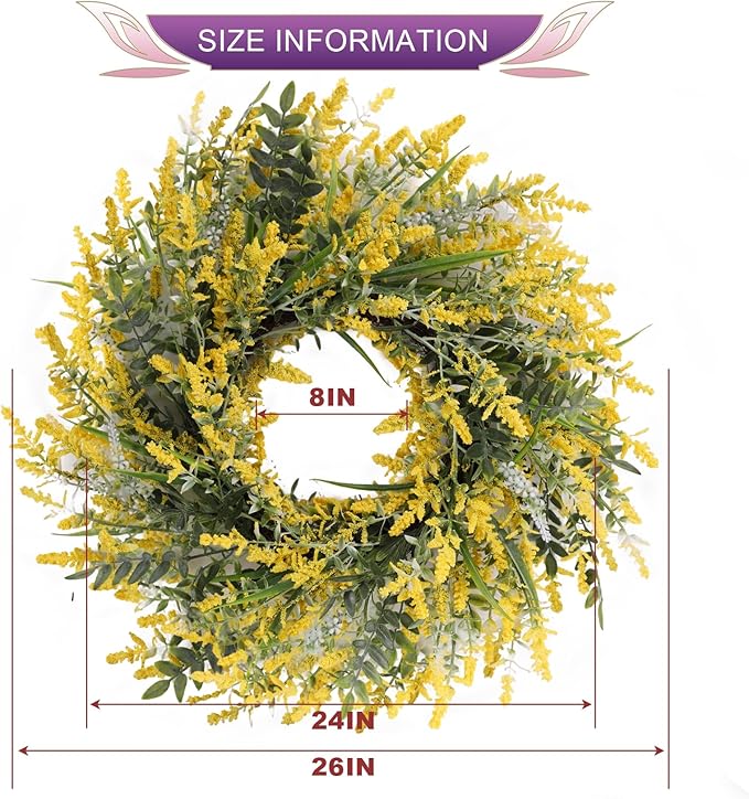 26'' Large Lavender & Eucalyptus Wreath for Front Door Window - Artificial Eucalyptus Leaves Greenery Outdoor Wreath for Wedding Farmhouse Porch Wall Room Home Decor (Yellow)