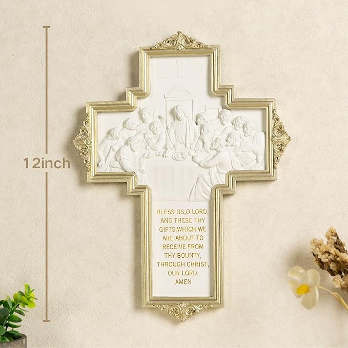 ShineOnAngel The Last Supper Wall Cross Renaissance Style Gold Framed Relief Wall Art Wall Decor for Dining Room 12inch Modern Home Regilous Gifts Jesus relief sculpture