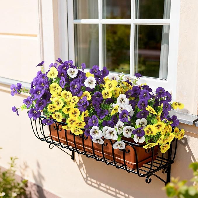 Artificial Fake Pansy Flowers for Outdoors, 12 Pcs Faux Silk Pansies Flower for Spring Summer Decoration, UV Resistant Fake Plants for Outside Planter Porch Yard Patio Home Decor(Purple Yellow White)