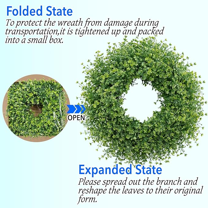 28 Inch Large Boxwoods Wreaths for Front Door Artificial Green Leaves Greenery Indoor Outdoor Wreath Home Decor Porch Window Wall Farmhouse Door Decorations Spring Summer Fall All Seasons