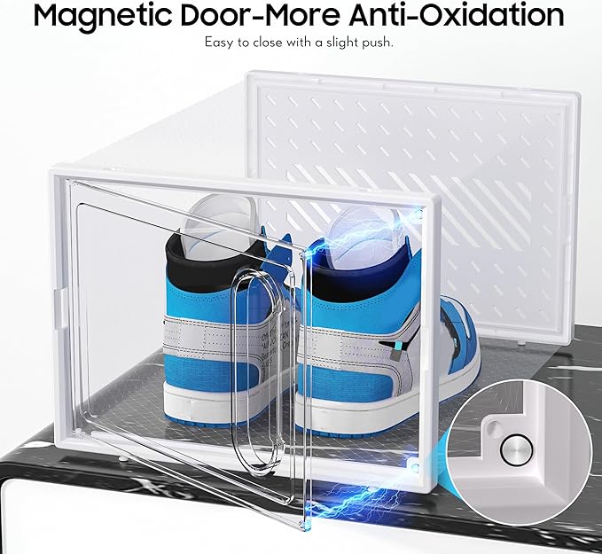 eWonLife Large Shoe Organizer Storage Box with Magnetic Door,12 Pack Clear Plastic Stackable Sneaker Containers for Closet, Connect Left and Right Shoe Box for Entryway, Drop Front, Under Bed (White)